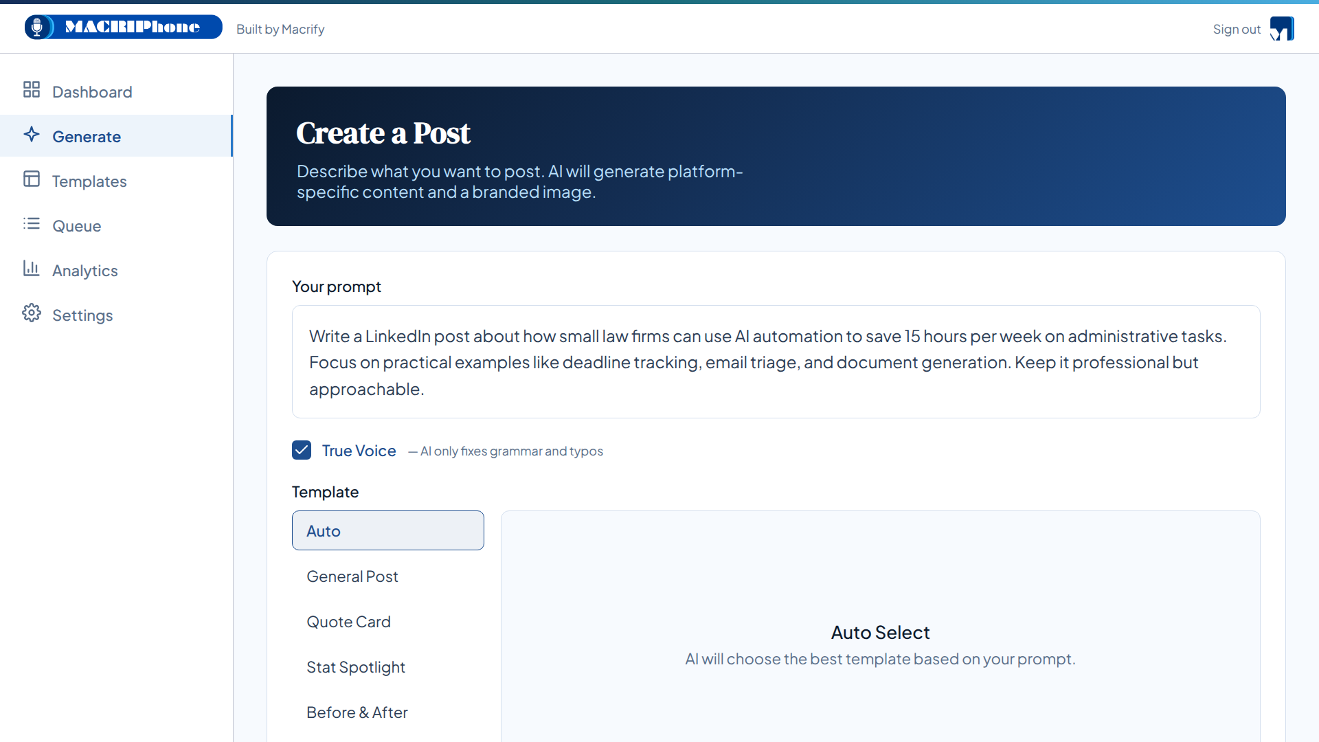 AI content generation interface